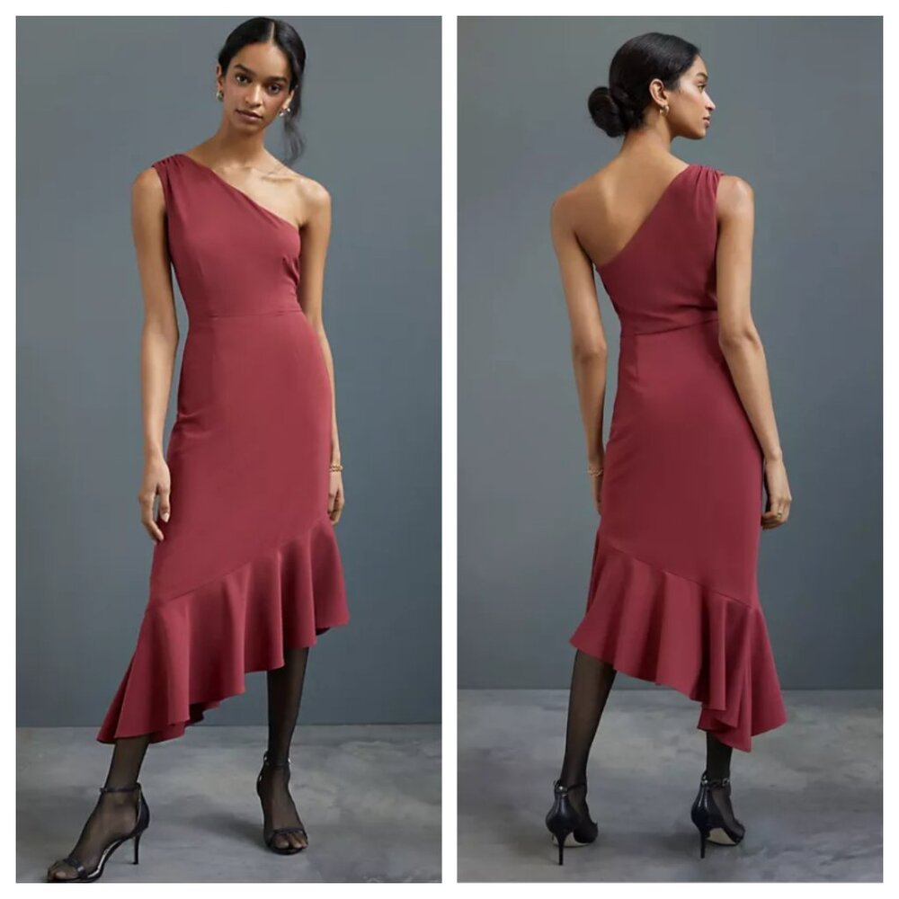 NWT Anthropologie Hutch Slim One-Shoulder Flounced Maxi Dress L